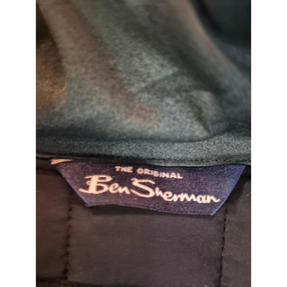 Ben Sherman Mens Quilted Puffer Jacket Green Grid Full Zip Stand Collar Medium